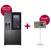 Vorderansicht von Side-by-Side mit InstaView Door-in-Door® | Craft Ice, Crushed Ice, Eiswürfel und Wasserspender | 635 Liter Kapazität | Energieeffizienzklasse E | Festwasseranschluss | Matte Black Steel | LG GSXV90MCDE + LG StanbyME 2 - Superportabler 27-Zoll-Touchscreen GSXV90MCDE.27LX001